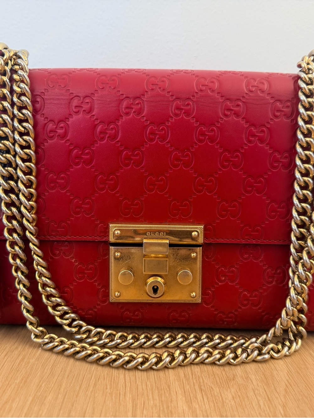 GUCCI ✨ RED LEATHER LARGE PADLOCK CHAIN SHOULDER BAG - Picture 2 of 16